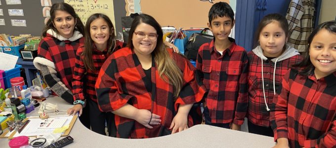 students in buffalo plaid